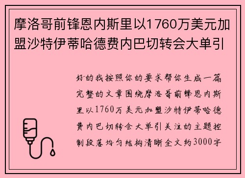 摩洛哥前锋恩内斯里以1760万美元加盟沙特伊蒂哈德费内巴切转会大单引关注 摩洛哥前锋恩内斯里以1760万美元加盟沙特伊蒂哈德费内巴切转会大单引关注